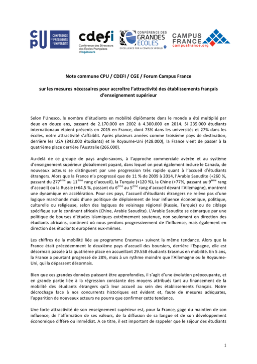 Note commune CPU/CDEFI/CGE/Forum Campus France sur les mesures nécessaires pour accroître l’attractivité des établissements français d’enseignement supérieur