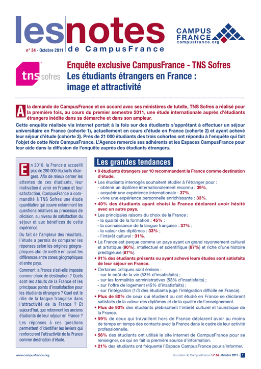 Les étudiants étrangers en France, image et attrativité (Tns-Sofres - Campusfrance)