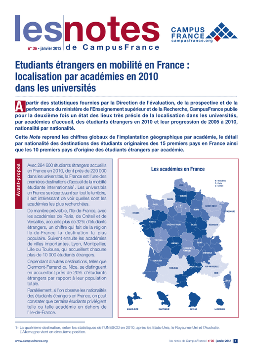 Etudiants étrangers en mobilité en France : localisation par académies en 2010 dans les universités
