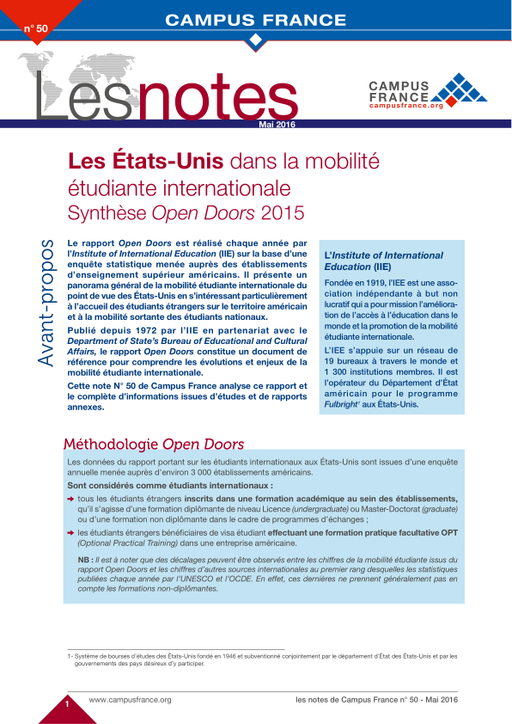 Les États-Unis dans la mobilité étudiante internationale - Synthèse Open Doors 2015