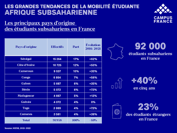 Pays d'origine des étudiants subsahariens en France