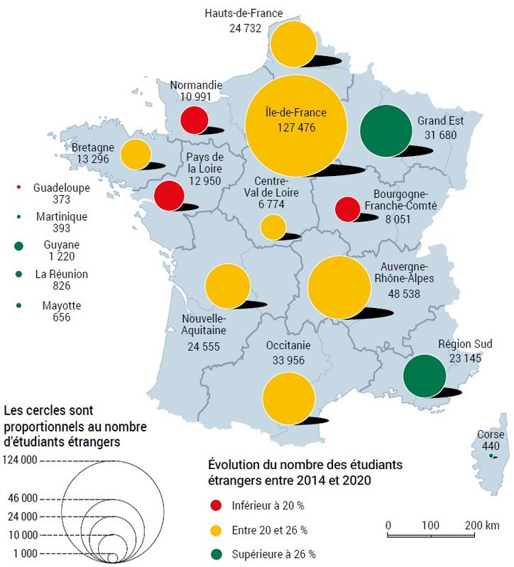 Evolution du nombre d'étudiants étrangers par région de 2014 à 2020