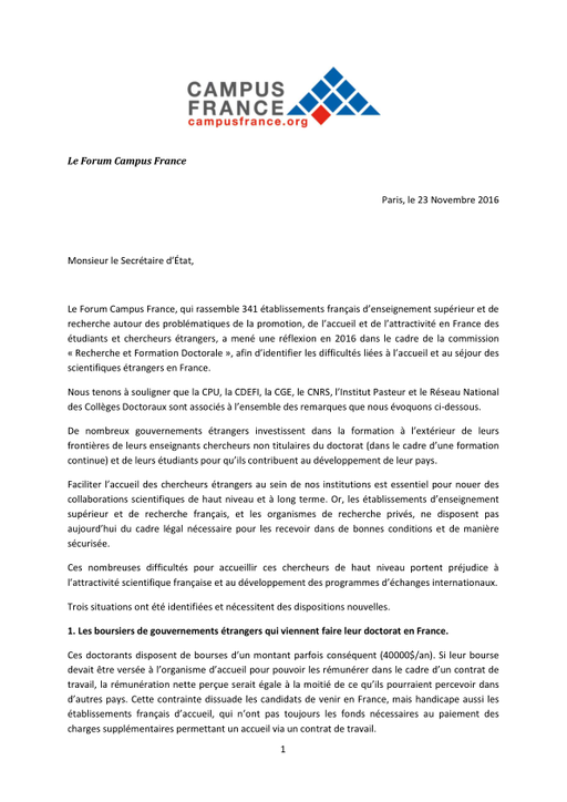 Forum Campus France - Lettre à Thierry Mandon