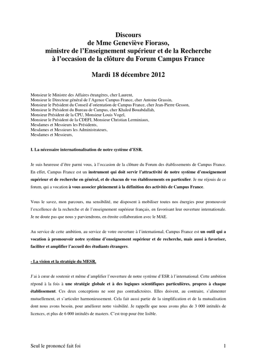Discours de Mme Geneviève Fioraso, à l'occasion de la clôture du Forum Campus France