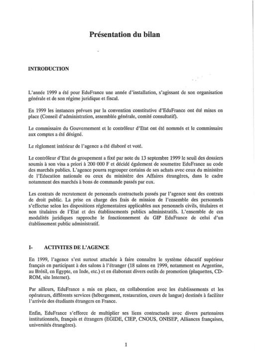 Présentation du bilan 1999 -  EduFrance