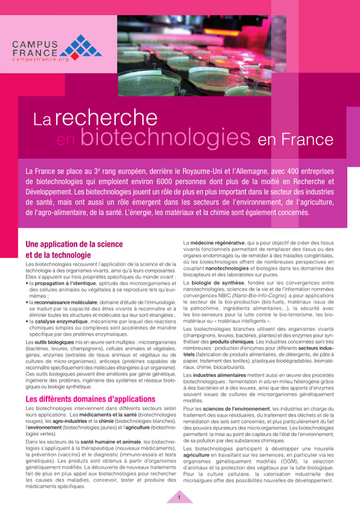 La recherche en biotechnologies en France