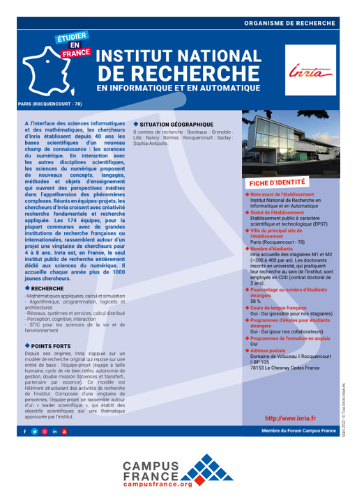 Onaangenaam Dekking Vriendin Institut National de Recherche en Informatique et en Automatique | Campus  France